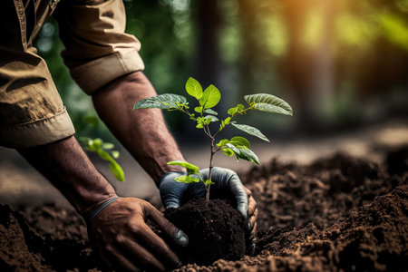 World Environment Day notion of reforestation and ecology While working in the garden on Earth Day the male volunteer is planting trees and seedlings that are already in the groundの素材