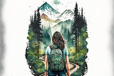 beautiful design with a trip feel. A young woman with a rucksack surveys the surroundings. drawing of a road Clipart of a camping theme. branding that travelsの素材