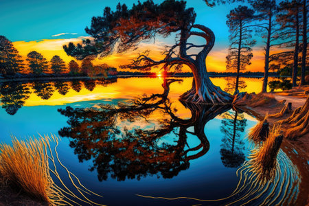 Stunning sunrise reflections in the lake as the sun rises above the pines. At Jester Park in Iowa United States a lovely autumn landscape features a peculiar twisted tree that protrudes into the rivの素材