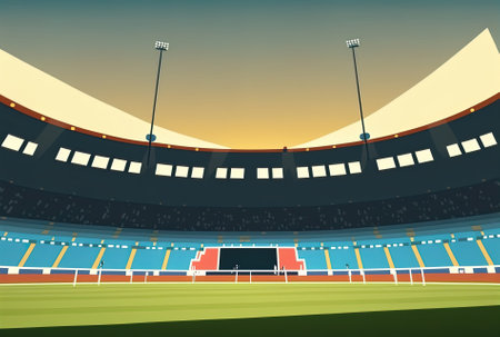 View from the field grass of a football stadium with brilliant lighting. grass no one on the playground and spectator spaces with game supportersの素材