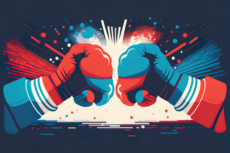 boxing gloves in red and blue during a battle. cartoon style flat battle symbol design art for backgrounds posters and bannersの素材