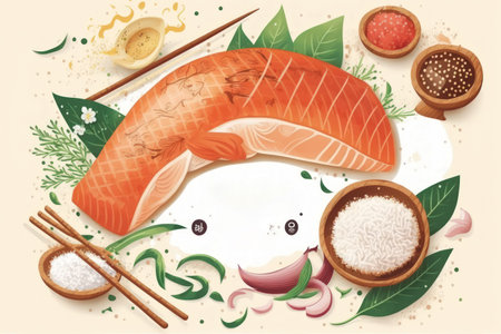 traditional asian ingredients (Fresh salmon steak filet uncooked rice ginger garlic mushrooms soy sause and chopsticks) over white with sample textの素材