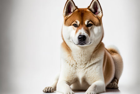 Young Akita inu dog posing. On a white backdrop a charming white braun dog or other pet is lying down and smiling. studio photography. Insert your words or image into the blank space. in front.の素材