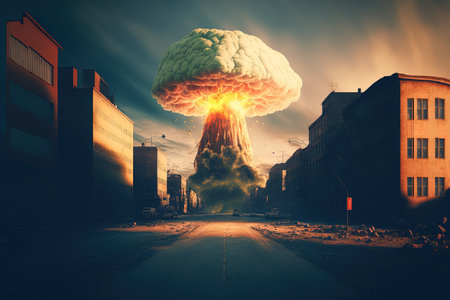 nuclear conflict idea nuclear bomb detonation. apocalyptic view of the city center following an explosion. evening scene War has obliterated a cityの素材