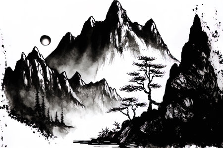 sketch of mountains in monochrome ink on paper. unique artwork that is serene. Asian inspired grunge landscape in black and white. Design concept for a backdrop for meditation restoration and relaxaの素材