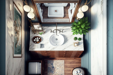 Top view of a luxurious bathroom featuring a basin mirror marble topped dresser made of wood and chic hotel bathroom fixturesの素材