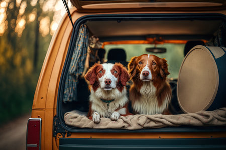 vehicle camping with dogs. Jack Russell Terrier and Nova Scotia Duck Tolling Retriever in the trunk. pets on holidayの素材