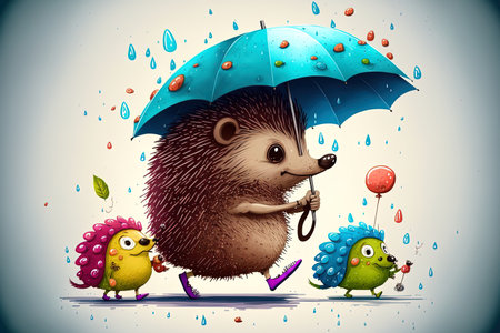 cartoonish hedgehog attitudes and motions. Cartoon wild animal jogging carrying food reading playing with a baby and strolling in the rain. illustrative artwork for nature and animalsの素材