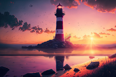 dawn over a lighthouse on the shore. Dawn lighthouse. Beautiful sunrise over a lighthouse on the seashore. dawn scene with a lighthouseの素材