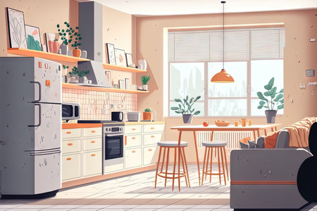 interior design spacious bright studio apartment in Scandinavian style and warm pastel white and beige colors. trendy furniture in the living area and modern details in the kitchen areaの素材