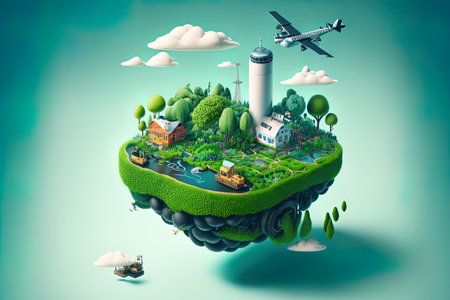tractor on a floating plot of land with a farm meadow and crops is an example of smart farming. Digital farming concept design featuring a rural farm on a floating island with clouds and birdsの素材