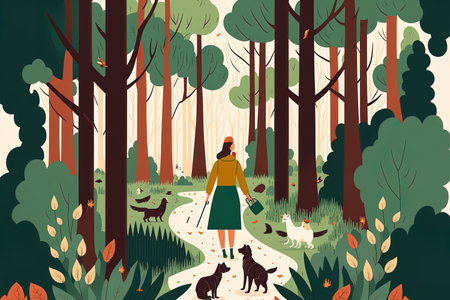 Walking in the wilderness with a dog. Background of a summertime natural scene card with people pets and trees in the woods. Girl enjoying a weekend or holiday walk among the woods. flat illuの素材