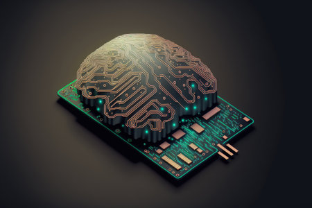 ideas related to computer technologies artificial intelligence (AI) data mining machine deep learning and neural networks. Artificial intelligence (AI) brain with printed circuit board (PCB) desigの素材