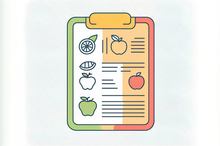 Icon for a food diary. Diet plan with a linear pictogram of fruits on a clipboard. Outline Icon for Healthy Nutrition Planner. Editable Meal Notes Concept Stroke. illustration that is isolatedの素材