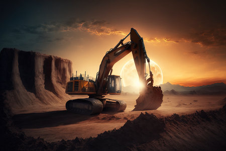 On a stunning sunset background an excavator is engaged in earthmoving at an open pit mine. Sand and gravel are dug up by backhoe in quarry. While excavation at a building site heavy construction eqの素材