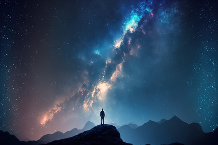 Milky Way. Beautiful night sky with stars and silhouette of a standing alone man on the mountain. Blue milky way and man on the hill. Background with galaxy and silhouette of a man. Universeの素材