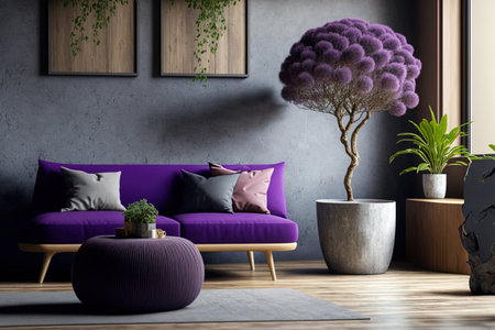 Elegant living room with purple accents a contemporary couch and pouf a wooden end table with a bonsai and decorations on the concrete wall. ceiling made of cane and parquet. Copy space modernizedの素材