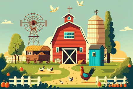 Illustration of a landscape in a farmyard. Farmhouse with a wooden barn a green rural farm a chicken coop with eggs in it hay stalks a blue sky in the distance a ladder a pitchfork and a barrelの素材