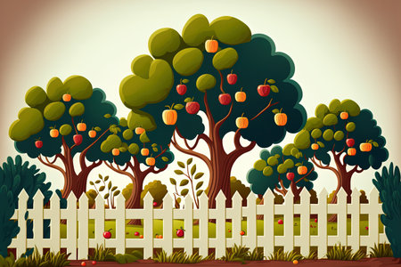Harvest period white wood fence fruit trees with luscious fruit summer day in garden. Image in format. rural scene with a pleasant and humorous cartoon style. agricultural ideaの素材