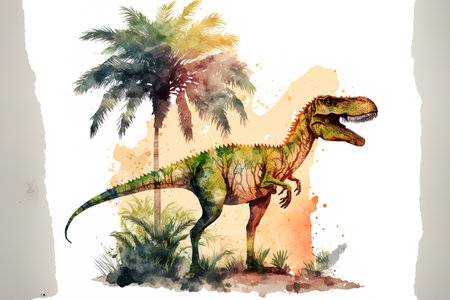 Dinosaur in watercolor isolated on a white backdrop. Velociraptor the dinosaur in a natural setting with palm treesの素材