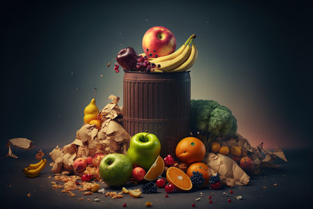 Food loss in the market or on the farm. In the garbage are spoiled unsellable decaying fruits. discarded produce that has gone bad. Concept of reducing food wasteの素材