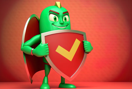Character mascot red metal shield with a green check mark and a green confirm or deny symbol sign on a yellow backdropの素材