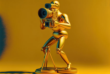 Golden trophy winning figure with a tripod and gimbal stabilizing a camera or DSLR on a yellow background.の素材
