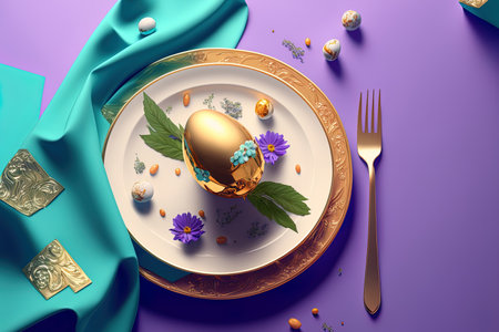 Banner. setting the table. A very nice dish would include an Easter egg lavender and bunny on a napkin on a stylish background from 2022. looking up. The idea of a joyous Easter break for cafesの素材