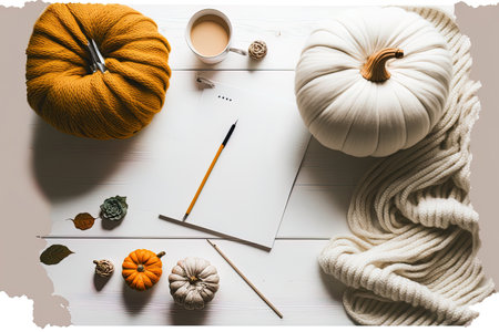 Autumnal autumn colors White backdrop and a feminine work table with a knitted scarf and a white pumpkin Layout and topview Monochrome abstract hygge warm house concept and anime styleの素材