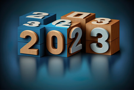 2023 Welcome to a nice Christmas and a happy new year in 2023 with this happy new year backdrop banner with two thousand twentythree year numerals on wooden cube blocks separated on a blue backgroundの素材