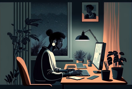 A black remote worker participating in a video conference while doing home work late at night in the living room. Freelancer working extra at midnight while utilizing a wireless network and chatting oの素材