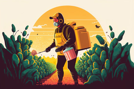A farmer sprays a herbicide or pesticide on a crop. Man applying fertilizer or chemicals to a plantation. Chemical pest treatment. illustrationの素材