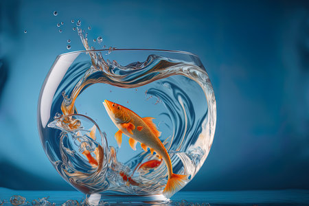 A swirl and goldfish are in a fishbowl shaped glass with a blue backdrop. taken using a 5D Mark III in a studioの素材