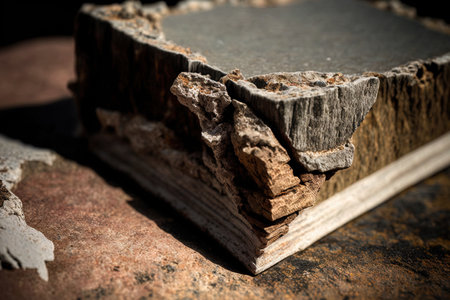 A broken edge of a piece of rock revealing a weathered top section for a product display with natural indents to the old stoneの素材
