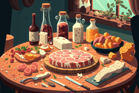 A breakfast or brunch table piled high with mouthwatering charcuterie and cheese in preparation for an Easter feastの素材