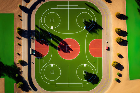 Aerial image of a barren red basketball court with white hoops and markings that are surrounded by green grassの素材