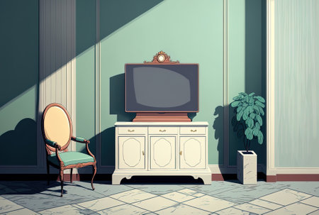 Background of a living room interior with a chair and a television cabinet against a blank marble wallの素材
