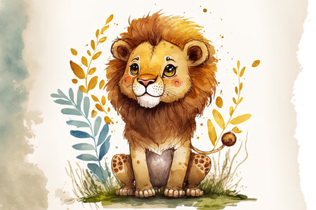 African comical safari animal mascot funny friendly welcoming lion for kids and youngsters. a watercolor styled isolated lionの素材