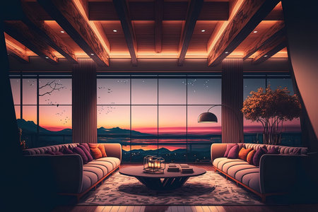 A luxurious room with windows that provide a panoramic view of the sunset a wide modern sofa with armchairs carpet a stone floor and a wooden ceiling. open living room design with lighting at nighの素材