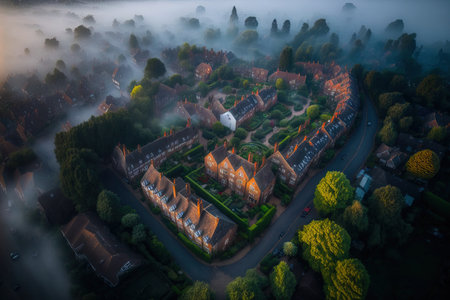 Aerial picture of a city in England shrouded in fog New estate with traditional British homes and lush gardens UK nature and architecture themesの素材