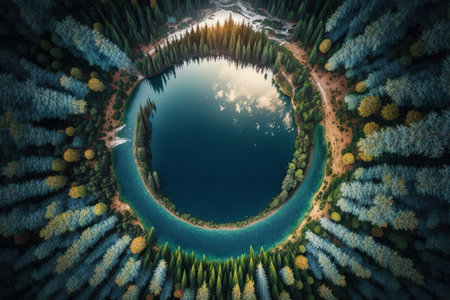 An almost perfect circular lake shot straight down from the air is encircled by a pine forest and looks like the earthの素材