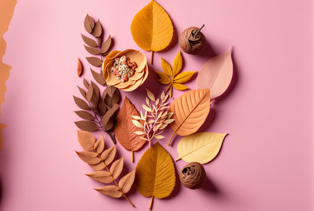 Arrangement for autumn Colorful Dry leaves on a pink and brown backdrop Concept of autumn fall and Thanksgiving Anime style flat lay top view and copyの素材