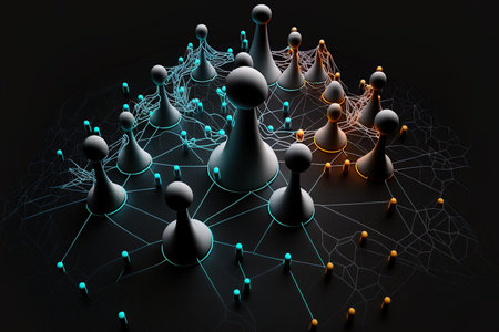 An image of connected pawns on a black backdrop. Dotted lines indicate newly created linkages. idea for fresh strategic partnershipsの素材