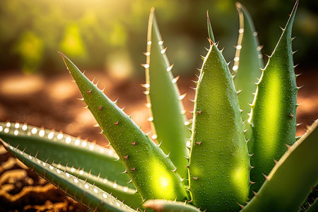 Aloe Vera a fresh leaf of Aloe Vera in a farm garden with a natural sunlit backdrop and bokeh green foliage an Aloe Vera plantation and Aloe Vera as a cosmetic ingredientの素材