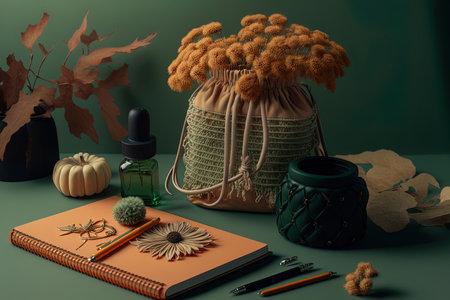 Arrangement for autumn Desk featuring dried flowers a candle a paper notebook a pen and a macrame handbag on a green background. Hygge the Nordic idea of coziness and anime designの素材
