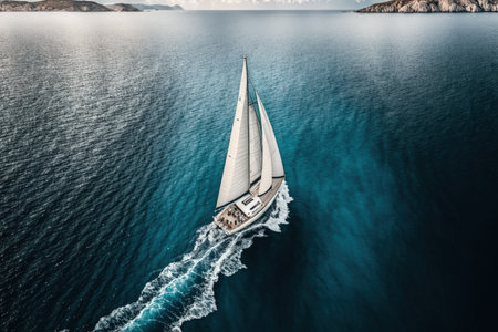 An aerial drone took this incredibly wide panorama photo of a lovely sailboat with white sails sailing in the Mediterraneanの素材