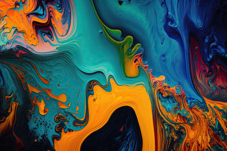 Beautiful abstract multicolored painting in the backdrop. The background was painted with a liquid marbling technique. Surface texture abstracted from fluid paint. Vibrant acrylic color blend in higの素材