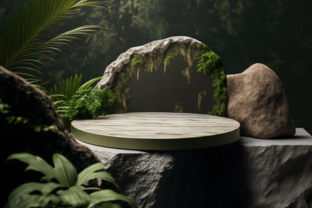 A glimpse of the sky may be seen behind the rock platform for a product presentation in a tropical jungleの素材