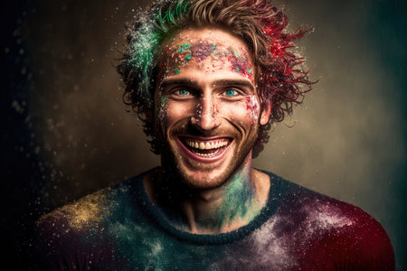 A picture of a joyful gorgeous man wearing a Christmas sweater who is smiling and posing for the camera during Christmas holi..の素材