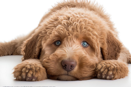 Cute red or abricot Labradoodle puppy lying on its side and gazing at the camera with deep set sparkling eyes. On a white backdrop alone. open mouth with pink tongueの素材